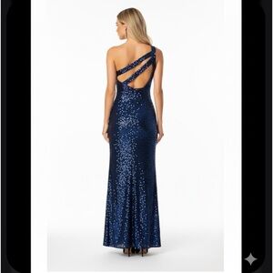 Deep blue one shouldered formal sequined dress